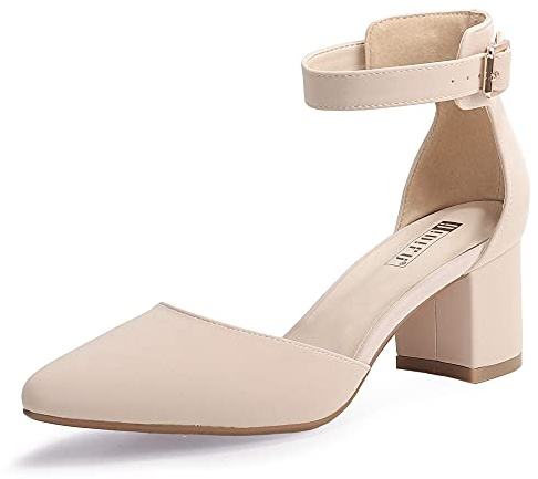 IDIFU Women's IN2 Pedazo Dress Shoes Low Block Heels Comfortable Chunky Closed Toe Ankle Strap Wedding Pumps (Nude Nubuck, 10 M US)