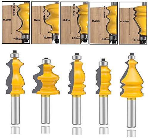 LEATBUY Router Bit Set 5 PCS 1/2-Inch Shank Architectural Molding Corner Round Edge Door Cabinet Shelf Wood Table Woodworking Mill Cutter Tool, Carbide CNC Router(PB7)