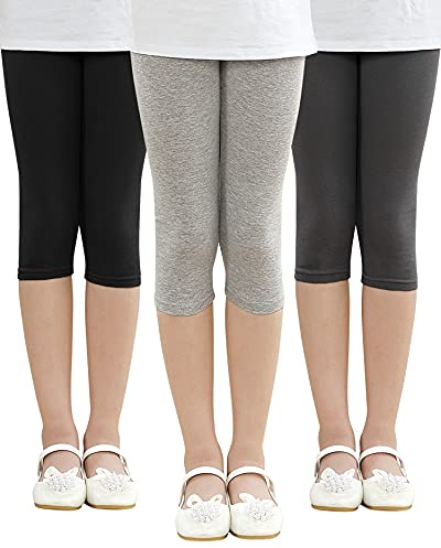 Adorel Leggings 3/4 Cortos Algodón Pantalón Niña Pack de 3 Negro & Gris Obscuro & Gris Claro 6-7 Años (Tamaño del Fabricante: 120)