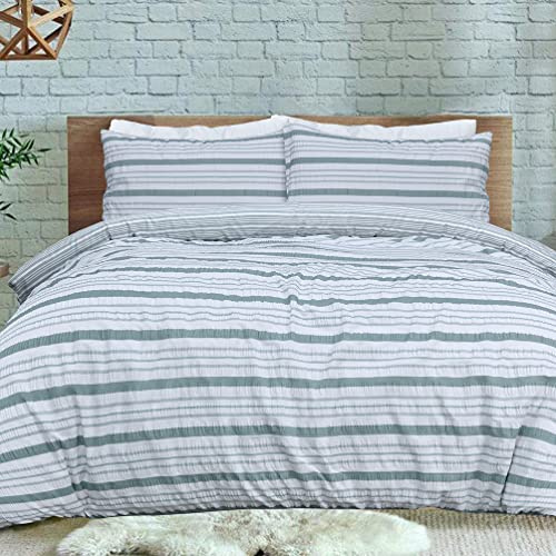 Sleepdown Stripe Seersucker grön vit vändbart påslakan täcke örngott bäddset sängkläder set mjuk enkel skötsel – kung (230 cm x 220 cm)