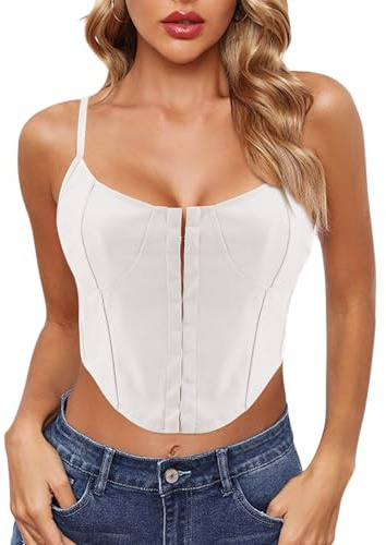 Naimo Crop Top sexy en cuir pour femme - Sans manches - Caraco - Bretelles spaghetti - Débardeur vintage, Blanc., S