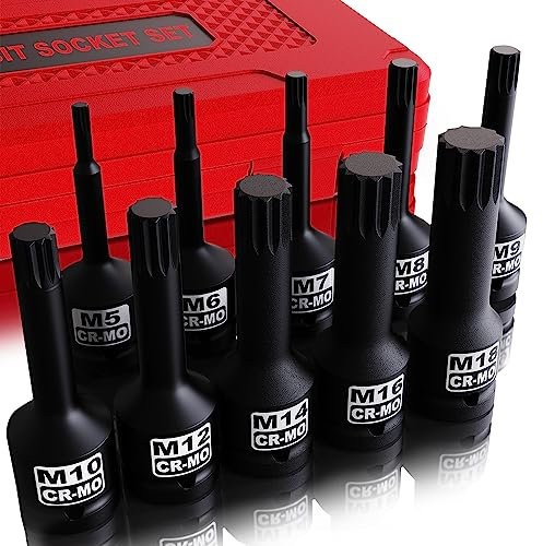 KIRXST 1/2 Inch Impact XZN Bit Socket Set, M5 - M18, 10 Piece 1/2 Drive Impact Triple Square Spline Bit Socket Set