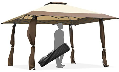 GOPLUS - Cenador de jardín plegable con 3 alturas ajustables, pabellón exterior con doble techo de tela Oxford impermeable y estructura de metal, ideal para jardín, playa y césped (marrón+beige)