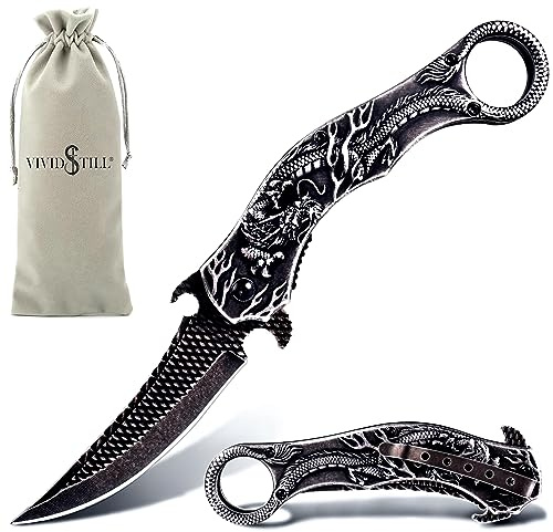 Vividstill cool Drache Klappmesser Taschenmesser für Männer, cool messer mit Titanplattiert Prägen 3D Drache, gute Geschenk Edc Messer für Männer Outdoor Überleben Camping