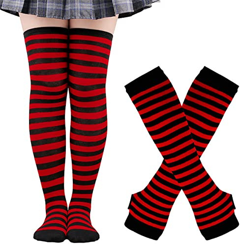 Thajaling Damstrumpor, randiga varmare fingerlösa handskar knähöga strumpor set, flickor cosplay randiga långa strumpor hål vantar handskar för halloween