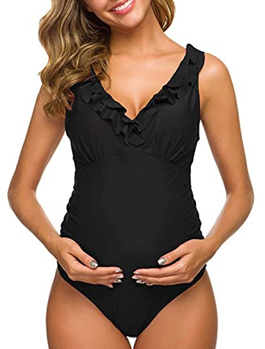 Umstandsbademode Badeanzug Große Größen V-Ausschnitt Summer Schwangerschafts Einteiliger Badeanzug Bauchweg Gekräuselt Damen Sexy Halter Bad Schwimmbad (as3, alpha, m, regular, regular, A-Schwarz)