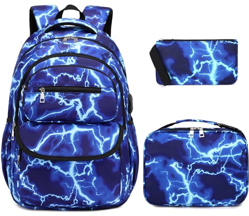 Bevalsa Rucksack für Jungen, Blitz-Schulranzen für Kinder mit Lunchbag und Federmappe, Büchertasche für Jungen Mädchen Kinder Teens für Grundschule Mittelschule Gratulation (Blitzschlag)