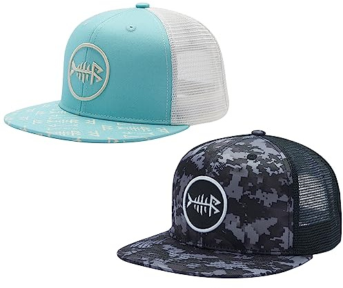 BASSDASH 2 Pack Flat Brim Trucker Cap Adjustable Snapback Hat Mesh Back for Men Women Fishing Hunting