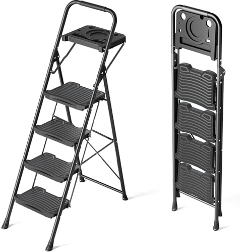 KINGRACK 4 Step Ladder with Tool Platform, Sturdy Step Stool, Anti-Slip Wide Pedals, Handrail, Foldable Step Ladder, Pass 900LBS Testing, Multi-Use for Home, Garage, Garden, Painting, Black