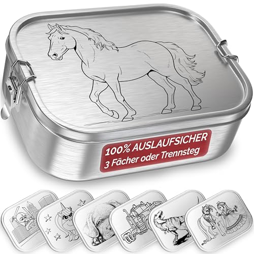TAKWAY Edelstahl Brotdose Kinder mit Fächern 800ml | Auslaufsicher | Bento Box mit Unterteilung variabel | Jausenbox Brotbox Kindergarten Kita Schule (Pferd, 3-Fächer)