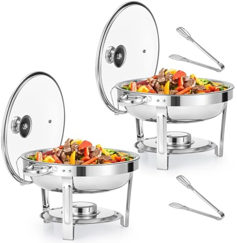 WILPREP Chafing Dish Buffet Set, 2 Pack 4.5L Round Chafers for Catering with Glass Lid & Lid Holder Water Food Pan, Stainless Steel Food Warmers