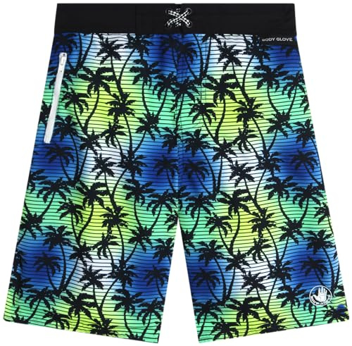 Body Glove Boys Swim Board Shorts - UPF 50+ Quick Dry Boys Swim Trunks Bathing Suit Kids Swimwear with Pockets(Sizes: 8-18), Size 10-12, Black Yellow Palm Trees