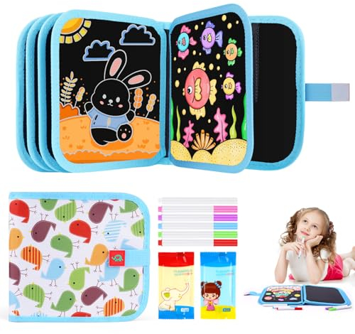 OSDUE Juegos de Pintura para Niños,Tabla de Dibujo Portátil para Niños Reutilizable con 6 Bolígrafos Borrables de Color,Libros Blandos de Pizarra para Educación Preescolar 2 3 4 5 6 Años,10 Páginas