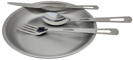 RISON-Titanium Couverts de Camping en Titane avec Assiettes de Service, Fourchette, Cuillère, Couteau Combiné, Couverts de Voyage Plateau Rond Vaisselle de Dîner Ultra Légère pour Picnic, BBQ