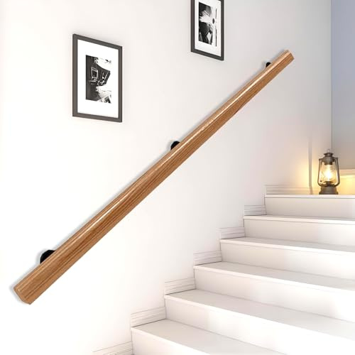 Corrimano per Scale In Legno, Interna Ringhiere Per Scale, Antiscivolo Ringhiera da Parete Legno Massello, Parete Asta di Supporto con Passamano Kit, Con 2 Staffa Per Anziani (wood color, 220cm)