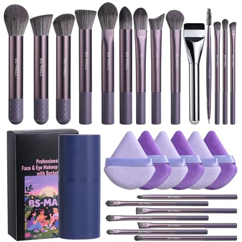 BS-MALL 21 Pcs Professional makeup brush set with foundation brush for liquid Makeup, eyeshadow Brush, concealer brush - Includes 6 Triangle Puffs & case for Even, Multi-purpose application (Purple)