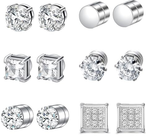Pluvyze 6 Paar Magnet Ohrringe Herren, 6mm, Ohne Piercing, Magnetic Earrings für Herren und Damen, Edelstahl, Silber, Einfarbig