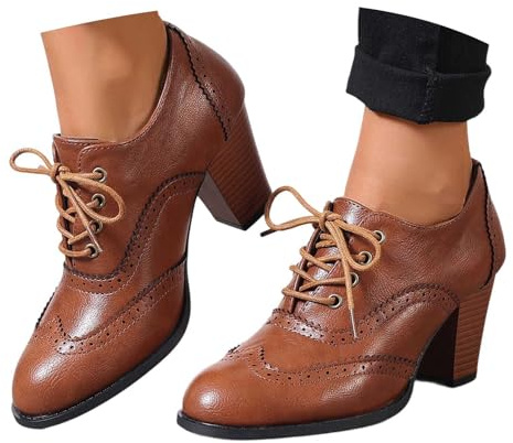 Lace-Up Shoes, Women's Court Shoes, Traditional Shoes with Block Heel, Suit Shoes, Festival High Heels, Comfortable Business Shoes, Round Toe Pumps, Single Shoes, Low Shoes, Heel Shoes, brown, 4.5 UK