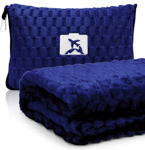 Couverture de voyage coussin 2 en 1 - Douce et chaude - Coussin portable multifonction avec taie d'oreiller - Pour avion, voyage, bureau, maison - 127 x 152 cm (bleu foncé)