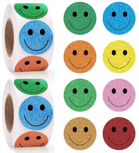 1 000 smiley klistermärken 25 mm Happy Face runda klistermärken 2 rullar glitter smiley institution-klistermärken lämplig för belöningar, gåvor, presentdekorationer och festdekorationer