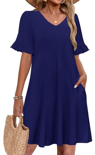 Zeagoo Summer Dress for Women A Line Short Dresses V Neck Ruffle Sleeve Dress Casual Floral Holiday Dresses with Pockets S-XXL
