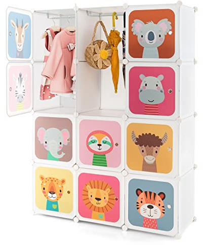 GYMAX Cartoon Clothes Closet (White, 109 x 37 x 145cm) | Portable Kids Wardrobe with Hanging Section, 12 Cubes Children Storage Unit for Bedroom Nursery