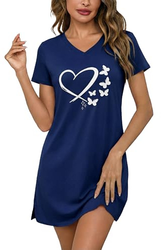 Bresdk Chemise De Nuit Femme Chemises de Nuit Courte Coton Vêtements de Nuit à Imprimé Cœur Col Ras du Cou Robe