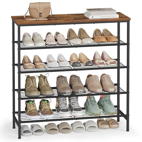 VASAGLE Banc à Chaussures, Étagère à Chaussures, pour Entrée, Salon, Chambre, Structure en Métal, 5 Niveaux, 30 x 75 x 87 cm, pour 18 à 24 Paires, Marron Rustique et Noir d'encre LBS050KD01