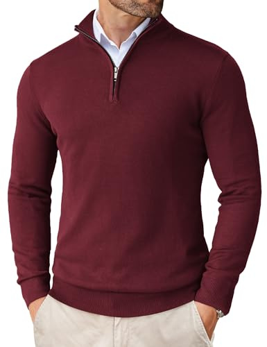 COOFANDY tröja herr 1/4 dragkedja hals polotröja turtleneck stickad tröja finstickad tröja vintertröja långärmad, Rött vin, XL