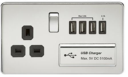Knightsbridge SF7USB4PC Screwless 1G 13A Switched Socket with Quad USB Charger 5V Dc 5.1A W, Polished Chrome with Black Insert