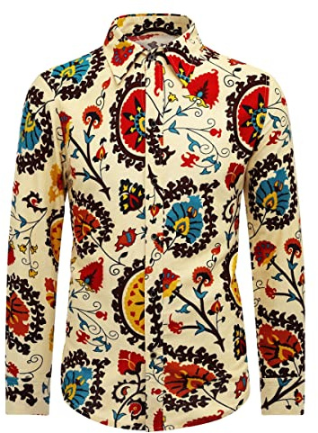 Camicia Elegante da Uomo Shirt Elegante a Maniche Lunghe in Lino Stampato Camicia Casual Fantasia Floreale Tops Pattern Unico