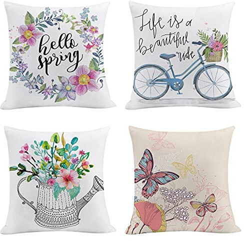 AMZQJD 4 Stück Kissenbezug Frühling Dekorative Kissenhülle Baumwolle Leinen Sie Kissenbezüge (40 x 40 cm, Rosa Schmetterling)