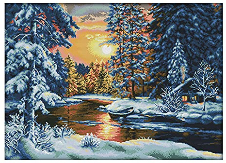 cukol cukol Kit Punto Croce Prestampato Natale, Disegni Punto Croce Kit da Ricamare Quadri Quadro Scena Neve, Kit Ricamo Ricami Punto Croce Completo Stampati Schemi per Principianti Bambini Set