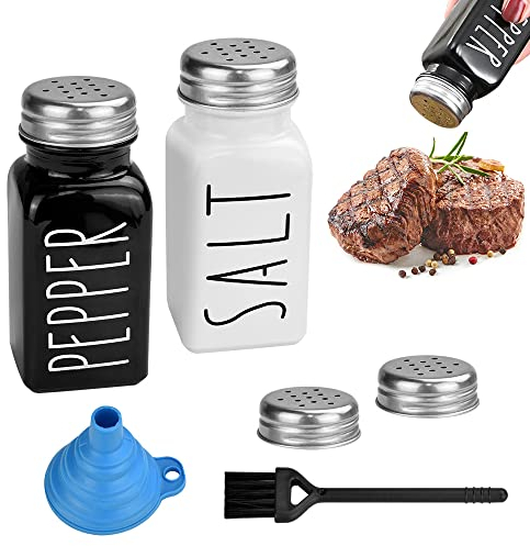 BUENTYA 2Pcs Salt and Pepper Shakers Set, Farmhouse Salt Shaker Vintage Glass Black & White Shaker Sets Salt & Pepper Pots with Stainless Steel Lids,Brush, Funnel for Kitchen, BBQ, Restaurant