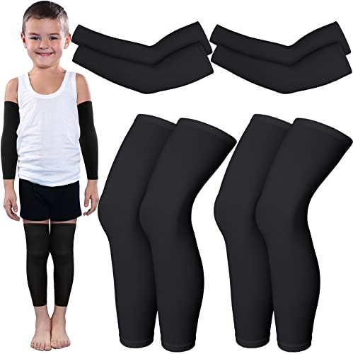 Charniol 4 Pairs Kids Arm Sleeves for Basketball Kids Long Compression Leg Sleeves and Arm Sleeves Youth Basketball Leg Sleeves(Black,Large)