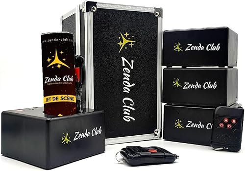Zenda Club® Kit 5 Jets de Scène Dorés 3 Mètres 60 Secondes + 4 Déclencheurs à Distance Inclinables + 2 Télécommandes – Effets Étincelles Mariage Fête Anniversaire Intérieur – Catégorie F1