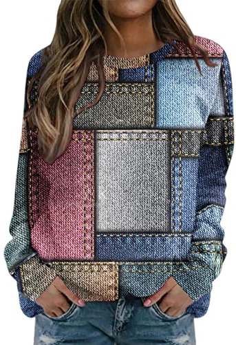 Oversize Pullover Damen Winter Langarm Rundhals Sweatshirt Elegant Langarmshirt Bunte Drucken Herbst Bluse Tops Oberteile Lose Warme Shirts