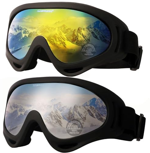 OUTDOORSPARTA 2-pacchetto Occhiali da sci da neve, occhiali da snowboard per uomini, donne, giovani, bambini, ragazzi o ragazze (7. Quadro Nero, Lente D'oro; Cornice Nera, Lente Argentata)
