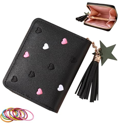 SwirlColor Girls Purse, Cute Slim Short Small Kids Wallet with Embroidery Hearts, PU Leather Ladies Purse with Tassel Zipper for Teens Girls Women (Black)