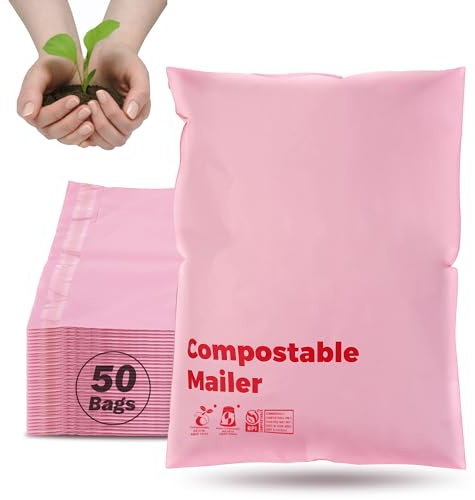 JENCENBIO Compostable Mailers Bags 10x15inch with Self-sealing Strip Eco Friendly Shipping Bags Envelopes for Clothing Shoes Packaging 50 Pack Pink