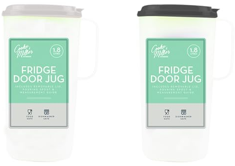 Fridge Door Jug - 1800L, L24.5 x D7cm Translucent White with Removable Grey Lid | Includes Pouring Spout and Measurement Guide | Dishwasher Safe, Leak Proof