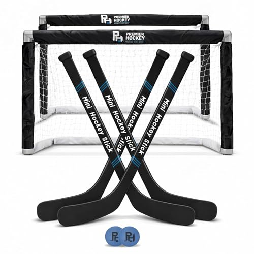 Premier Sports - Mini Hockey Set – Complete 4-Player Indoor Kit with (2) Mini Goals, (4) Mini Sticks, and (2) Foam Balls