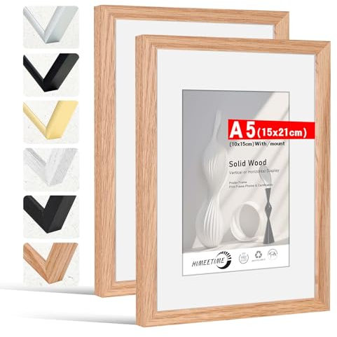 HIMEETIME® 2x Cornice A5 15x21 cm in legno massiccio di quercia con fronte in perspex, per esporre un'immagine di 10x15 cm con tappetino o 14.8x21 cm senza tappetino