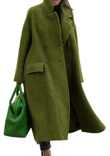 CHARTOU Women Oversized Long Winter Coats Warm Wool Blend Pea Trench Coat Overcoat, Green, Medium