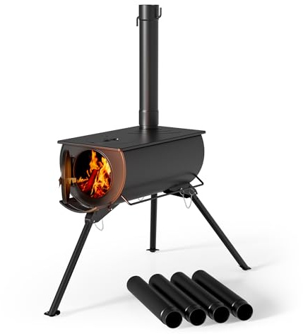 Wiltec Poêle pour tente de camping – 540 x 810 x 2387 mm – Acier doux – Poêle à bois portable et démontable pour randonnée, déplacement, aventures, chauffage