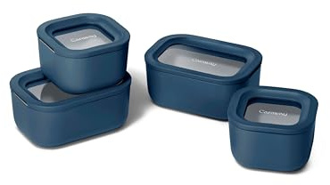 Caraway Mini Food Storage 9pc Set - Glass Storage Containers for Food - Non-Toxic Ceramic-Coated Glass - Air Release Technology - Compact & Stackable Design - Navy
