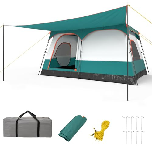 COSTWAY 2-Room Camping Tent, 8-10/6-8/4-6 Man Family Dome Tent with Porch, Removable Rainfly, 2 Doors, 2 Mesh Windows & Carrying Bag, PU 1000MM Waterproof Sun Shelter for Hiking