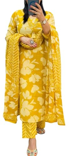 Rangnavi Women's Floral Printed Stright Kurta with Pant & Dupatta Set | Ethnic set | Kurta set, Yellow, XL