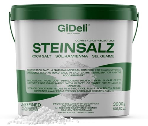 GiDeli Sal de roca gruesa 3 kg natural sin refinar sin aditivos para baños, alimentos, refrigeración, calles