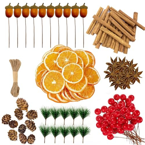 MAXXYUN 223Pcs Christmas Wreath Making Supplies,Cinnamon Stick,Dried Orange Slices,Star Anise,Pine Cones,Artificial Berries Acorn Green Pine Needles Branches,Christmas Wreath Tree Craft Decoration